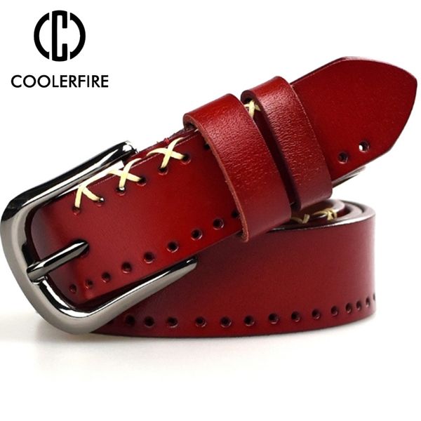 

fashion desgin new vintage style women belts cow leather alloy pin buckle weaving grain belt for women lb032 y200501, Black;brown