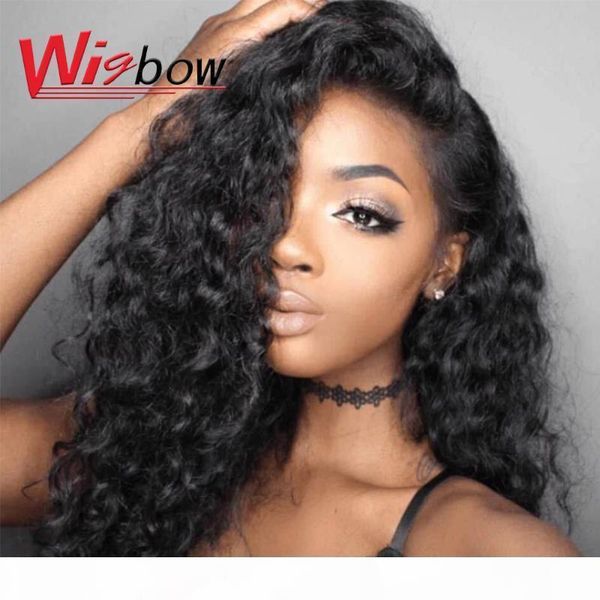 

wigbow brazilian human hair brown lace front wig 16 inch water wave wig for women lace with pre-plucked curly human hair, Black;brown