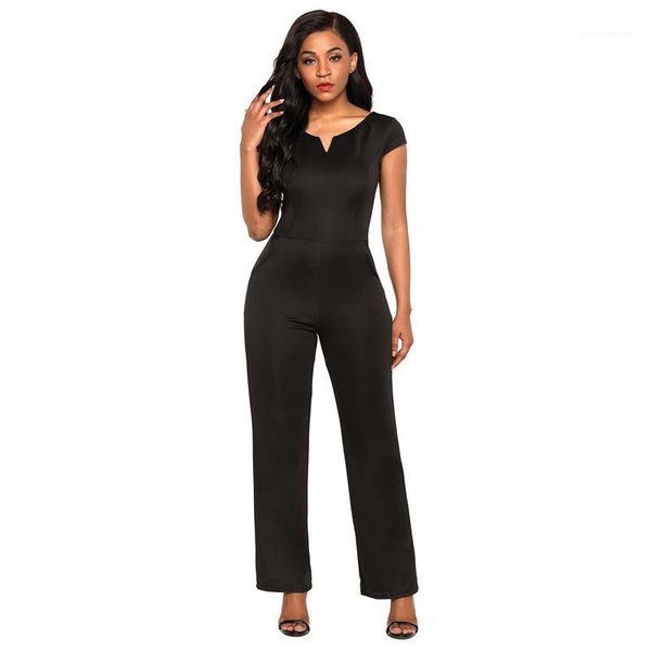 

solid color v lead short sleeve back zipper contain pocket leisure wide leg jumpsuit woman1, Black;white