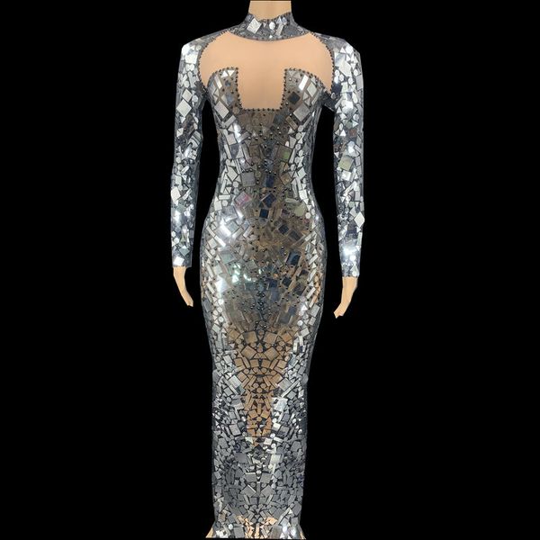

mesh perspective silver sequins black stones party birthday long dress women nightclub outfit singer performance stage wear, Black;red
