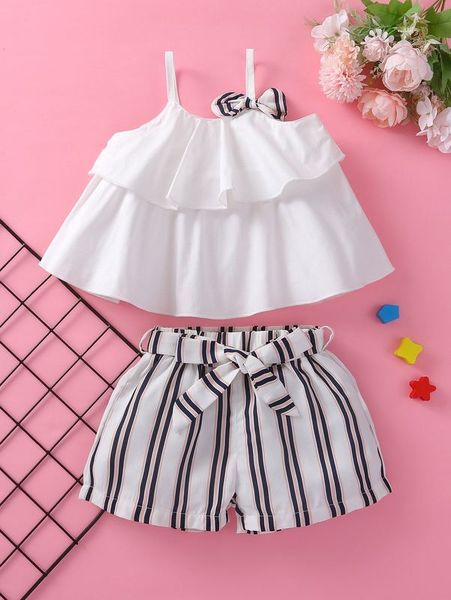 

baby girl bow front cami with striped shorts she, White