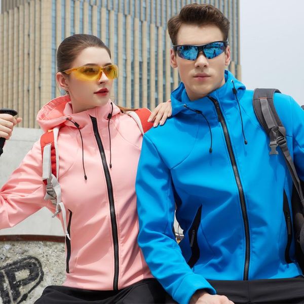 

outdoor jackets&hoodies men winter fleece softshell jackets quick dry windbreaker with pocket women camping hiking jacket sports hooded coat, Blue;black