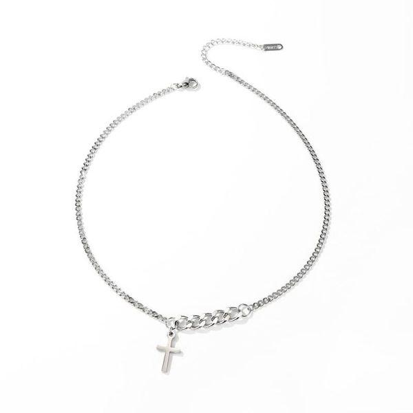 

thin heavy chain necklace, tiny cross pendant necklace in stainless steel, Silver