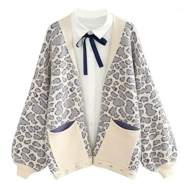 

ewq] sweet long sleeve v-neck leopard print knit sweater korean cute loose large size coat women wool spring 2020 new qk8951, White