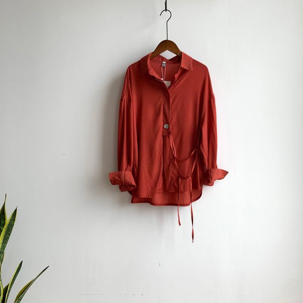 

2021 new solid color simple female switching fashion spring and autumn lace slender lapel sleeve upper shirt tencel ymbw, White