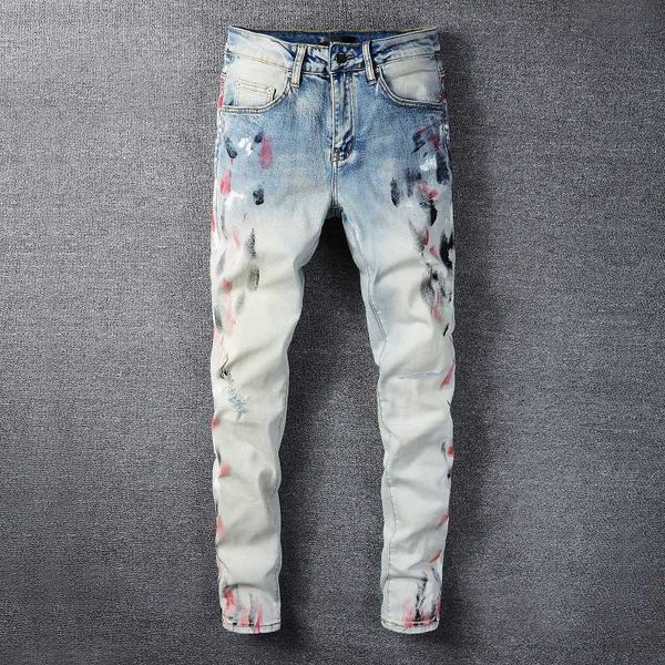 

new us miri casual hip hop high street worn out and worn washed splash ink color painting slim fit jeans men's #819, Blue