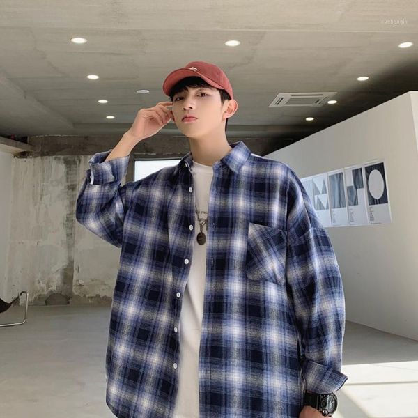 

korean plaid men shirt long sleeve cotton streetwear oversize casual plaid shirt men harajuku blue fashion aa50cs1, White;black