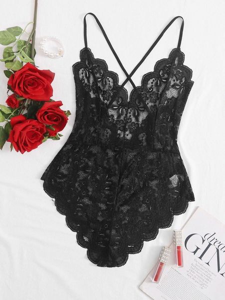 

plus floral lace scallop trim teddy bodysuit e8sc#, Black;white