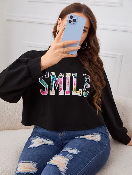 

plus letter print drop shoulder pullover l8cl#, Black