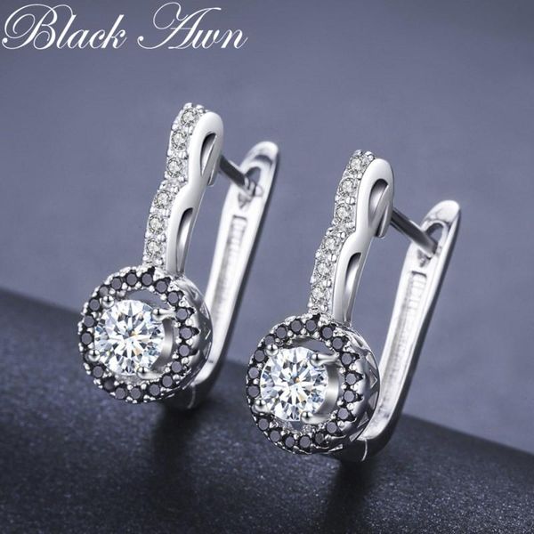 

hoop & huggie black awn 2021 vintage genuine 925 sterling silver engagement earrings for women with black&white stone jewelry t001, Golden;silver