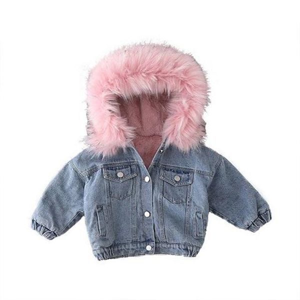 

down coat kids denim jackets coats warm soft clothes girls winter velvet thickening children's big fur collar, Blue;gray