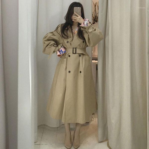

2020 new spring autumn long windbreaker womens elegant lapel double-breasted outerwear casual loose cardigan female fashion coat1, Tan;black
