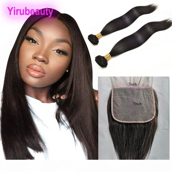 

peruvian virgin hair straight dyeable human hair 2 bundles with 7x7 lace closure natural color straight seven by seven closures, Black;brown