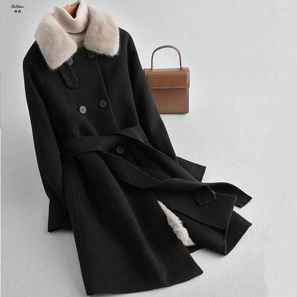 

zizhen outerwear natural rex fur liner coat real collar with belt winter warm women's pockets,kqn597751, Black