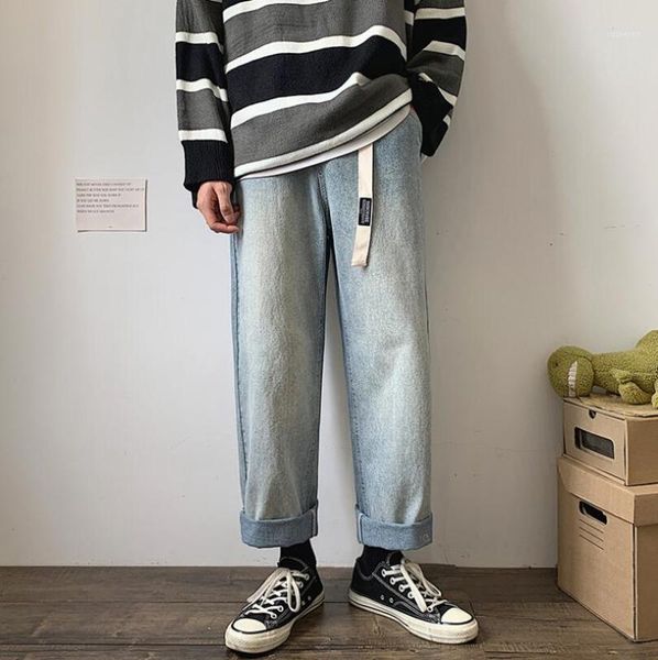 

jeans men solid wide leg pants loose large size mens leisure chic retro korean harajuku streetwear hip hop denim trousers w10661, Blue