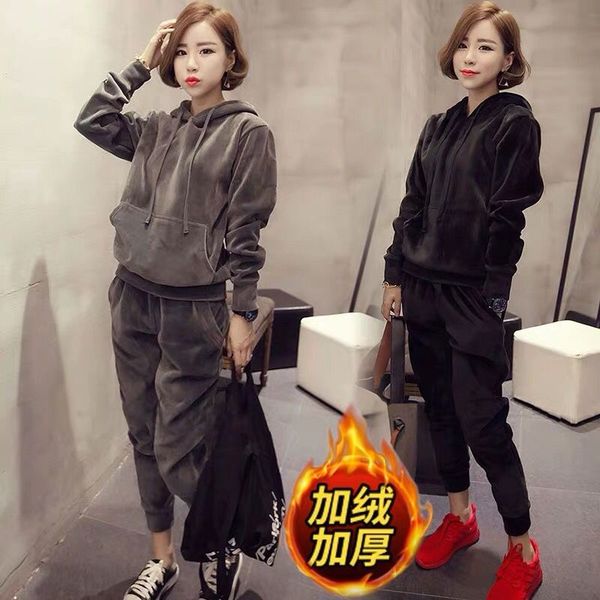 

gold velvet sports suit women's autumn and winter warm korean thickened plush hooded sweater leisure two piece set for students, Gray