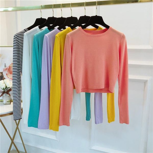 

autumn knitted solid thin sweater shirts girls o-neck full sleeve cropped sweater pullover crop for female, White;black