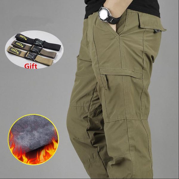 

mens waterproof cargo pants double layer winter thicken fleece cargo pants casual military tactical baggy pants warm trousers, Black