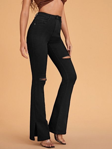 

high waist ripped flare leg jeans n80a#, Blue
