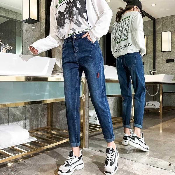 

fashion korean style women jeans 2020 new casual ankle length boyfriend jeans high waist loose streetwear pants baqueros mujer1, Blue