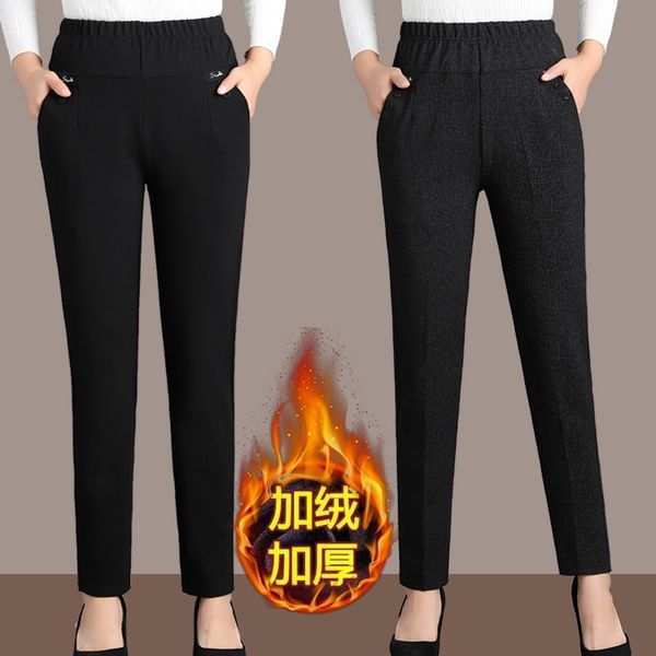 

autumn winter middl aged women warm velvet elastic high waist casual straight pants female trousers plus size clothing 201031, Black;white