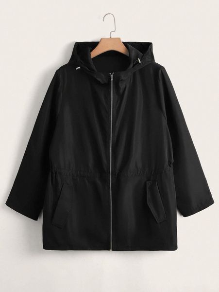 

plus slant pockets drawstring hooded windbreaker jacket m0da#, Black