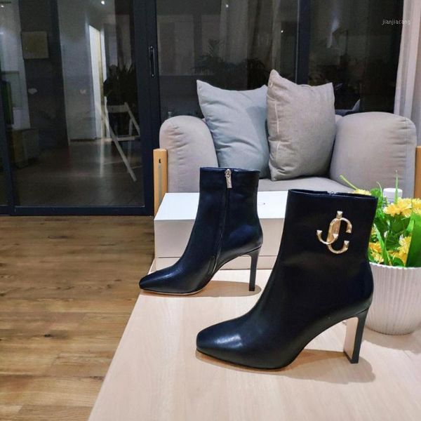 

winter genuine leather ankle boots woman square toes high heels boots woman metal decora short bota feminina1, Black
