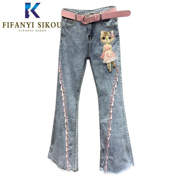 

cartoon embroidery jeans women fashion sequined high waist jeans loose denim boot cut pants female washed long trousers, Blue