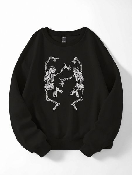

skeleton print drop shoulder thermal pullover v16g#, White;black