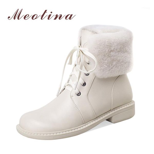 

boots meotina genuine leather snow women real wool mid heel ankle lace up short thick heels ladies shoes big size 411, Black