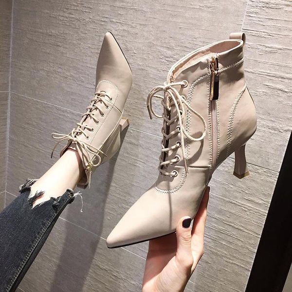 

2020 new fashion boots front lace-up pointed high heel ankle boots, Black