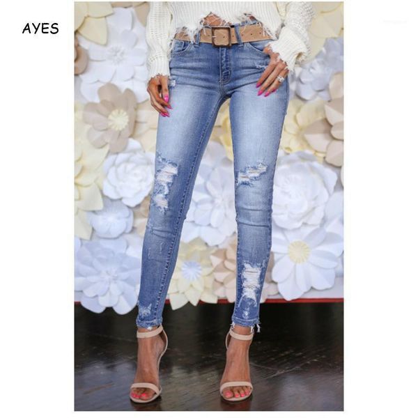 

ripped fashion jeans women middle waist skinny pencil pant blue denim pants women washed beached stretch elastic jeans1