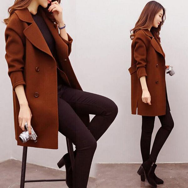 

women wool blend warm long coat plus size female slim fit lapel woolen overcoat autumn winter cashmere outerwear, Black