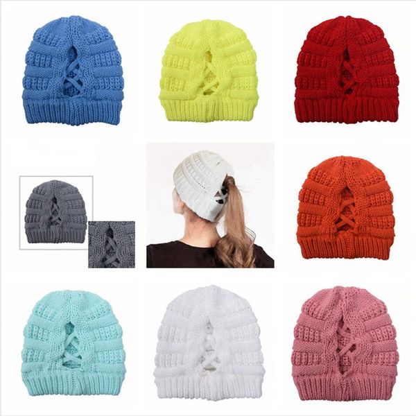 

women knitted cap criss cross ponytail beanie woolen hat outdoor ski cap winter warm casual knitting party hats sea shipping ljjp614-1, Blue;gray
