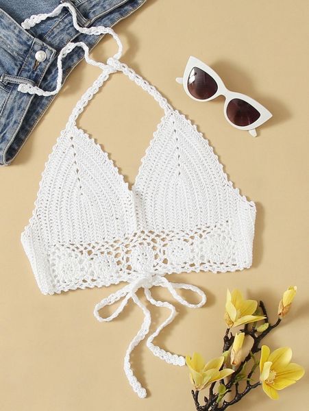 

tie back crochet halter cover up t0wd#, White;black