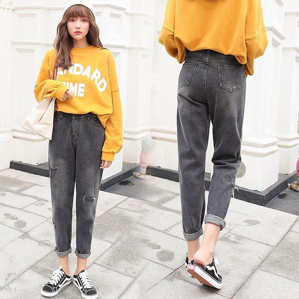 

spring fashion girls loose jeans with holes high waist jeans turnip pants black for fashion women1, Blue