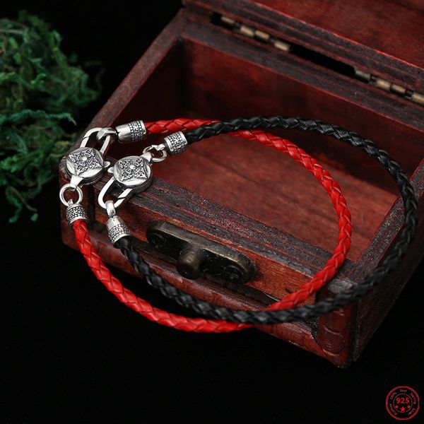 

bocai 100% s925 sterling silver bracelets leather rope-chain six character truth vajra pestle argentum jewelry for men women, Black
