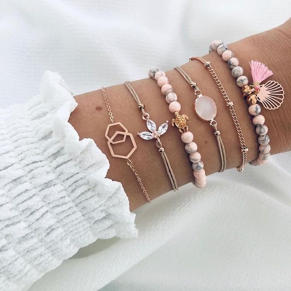 

6 pcs/set women fashion bracelets charm beaded turtle shell fringe geometric crystal bracelet set beach retro bangle jewelry, Black