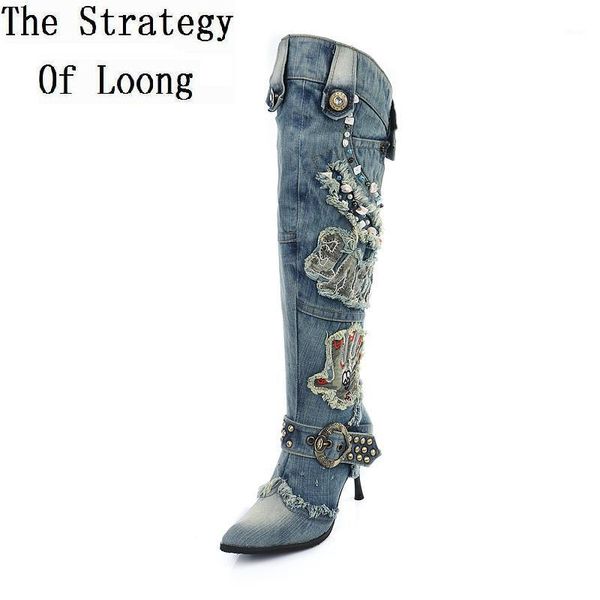 

boots women denim thin high heels over the knee rhinestone beading autumn winter warm jean knight gladiator combat sxq06021, Black