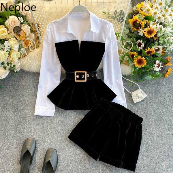 

neploe women sets long sleeve blouse patchwork belt + stretch high waist short fashion velour two pieces suits 1a2771, White