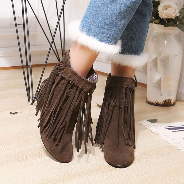 

women's boots fringe ladies tassel suede boots style long fringe winter embroidered fall fashion mujer, Black