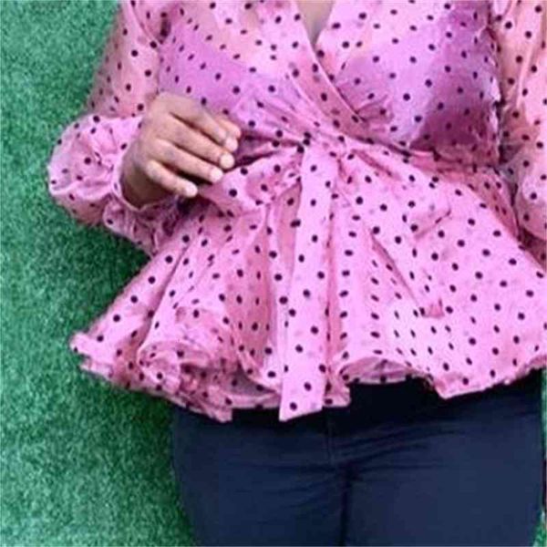 

Women's Polos Women Blouse Polka Dot V Neck Shirt Tops Lantern Sleeve Peplum Transparent Female Elegant Spring Autumn Classy Lady Fashion QWBP, White