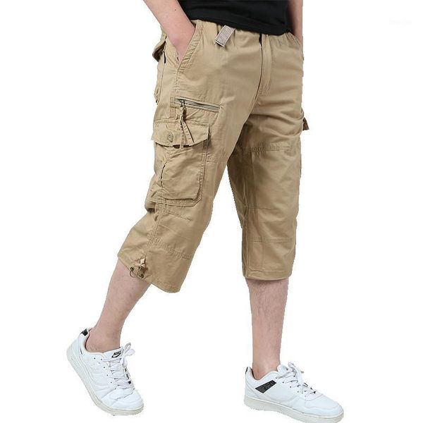 

long length cargo shorts men 2020 summer knee multi pocket casual cotton elastic waist bermudas male style breeches1, White;black