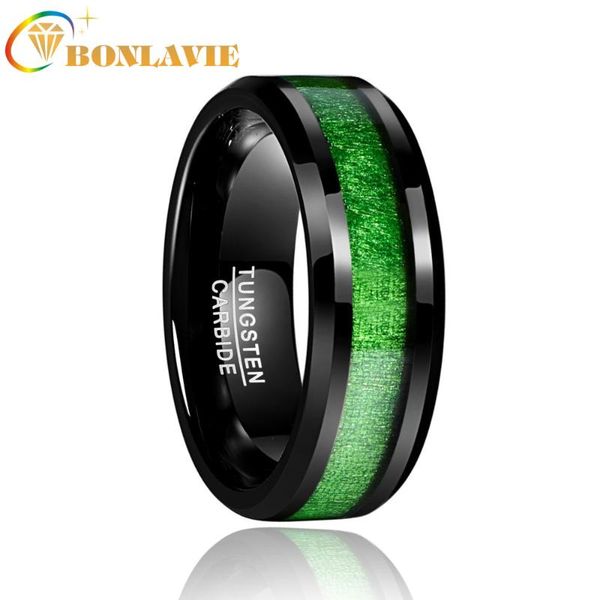 

wedding rings bonlavie 2021 vintage 8mm width inlaid maple electroplated black tungsten carbide ring with green line wdding jewelry t093r, Slivery;golden