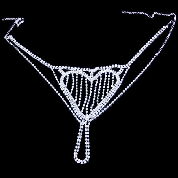 

big heart shape crystal thong underwear for women crotchless bikini rhinestone panties waist body chain jewelry, Silver