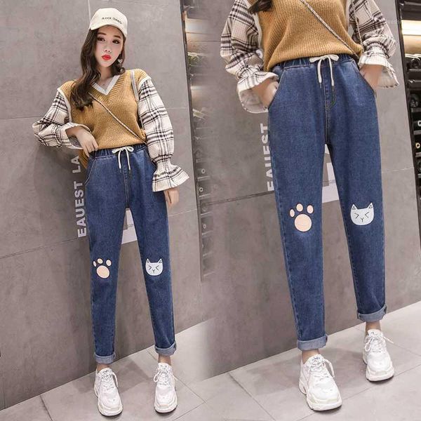 

women's jeans women 2020 autumn and winter high waist loose cartoon harlan plus size denim pants women s-5xl1, Blue