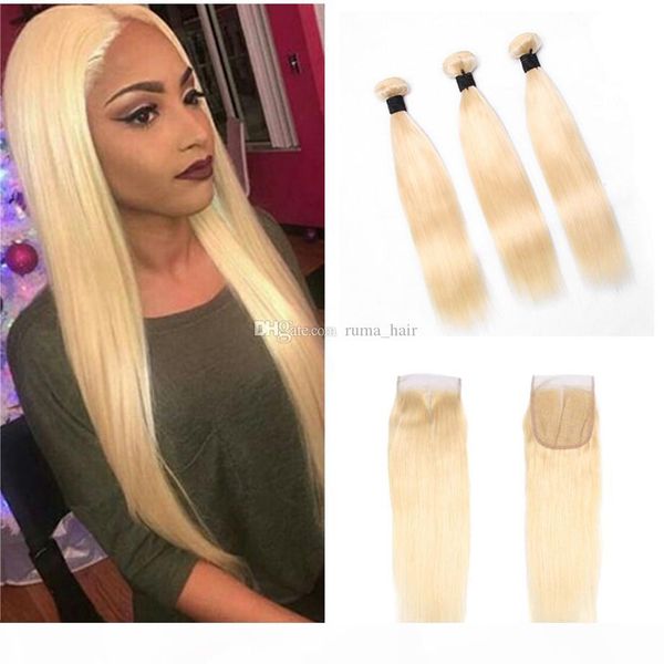 

russian blonde virgin hair weft with lace closure #613 bleached blonde human hair bundles with lace closure middle three part closure, Black;brown