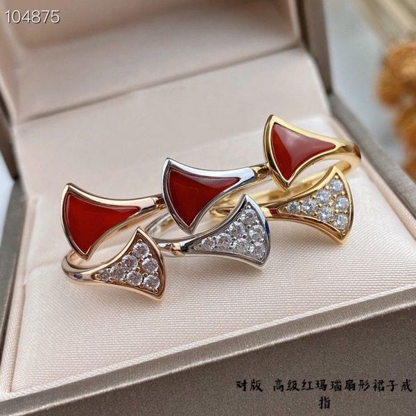 

luxury divas' dream brand designer s925 sterling silver red cearmic with crystal fan open ring for women jewelry