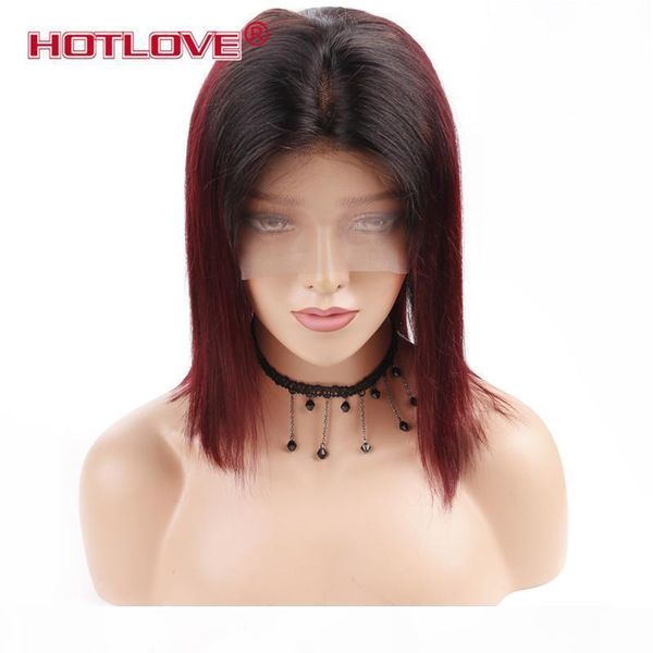 

two tone color ombre t1b 99j human hair wigs brazilian straight short bob wigs pre plucked with baby hair 8-14 inch, Black;brown