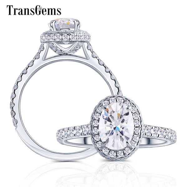 TRANSGEMS Luxo 14k 585 White Gold Centre 5 * 7mm oval f cor de noivado moissanite para mulheres anel de ouro fina jóias y200620